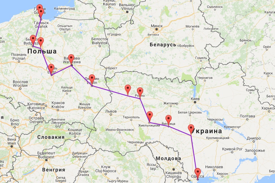 Маршрут автобуса Одесса-Варшава на карте